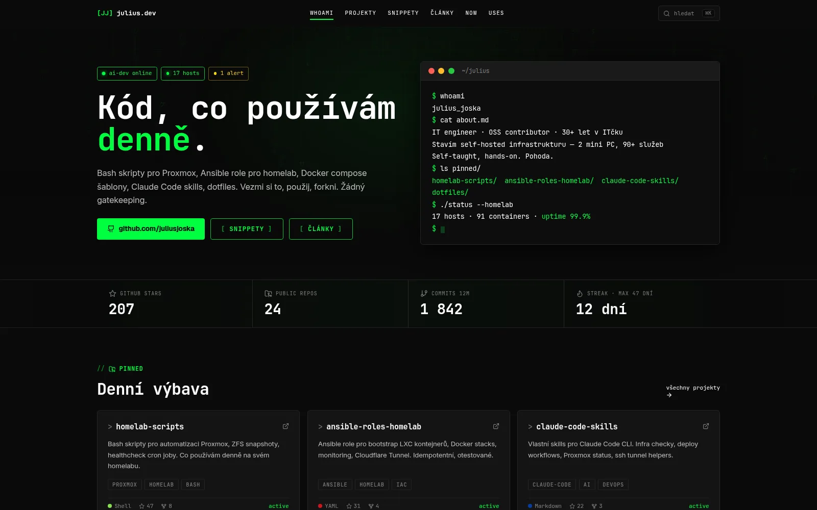 juliusjoska.dev — Neonový terminál